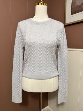 One Grey Day Women's 100% Cashmere Light Gray Cable Knit Crewneck Sweater